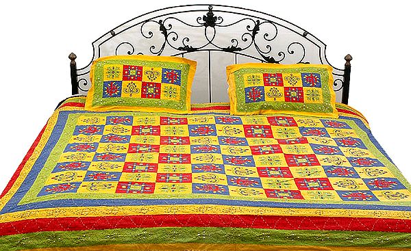 Block-Printed Tri-Color Kantha Stitch Bedspread