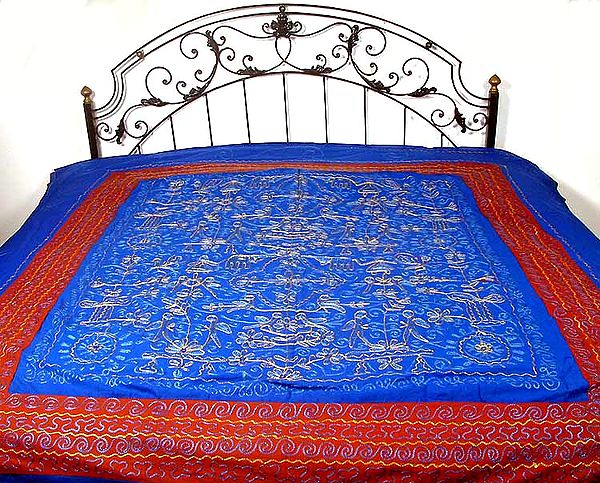 Blue and Brown Gujarati Bedspread with Embroidery