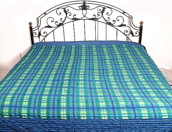 Blue and Green Kantha Stitch Bedspread