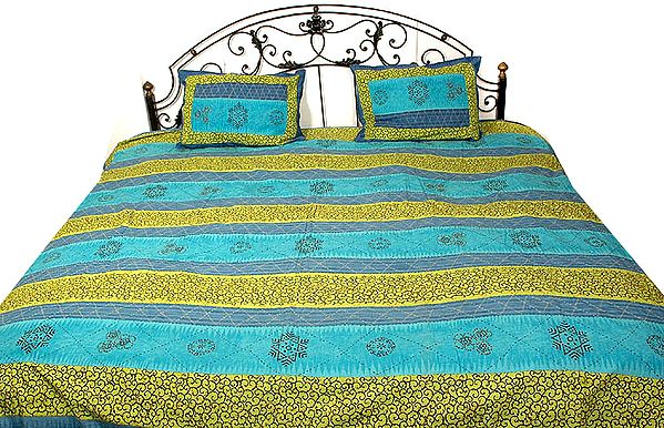 Blue and Green Printed Bedspread with Kantha Stitch Embroidery