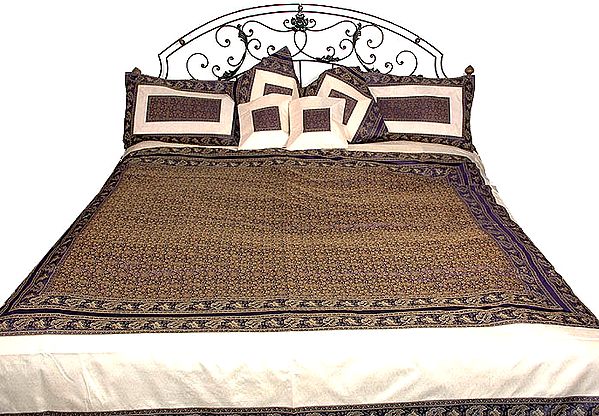Blue and Ivory Banarasi Bedcover with Tanchoi Weave