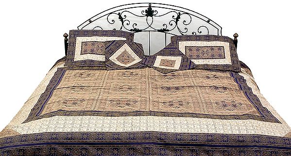 Blue and Ivory Seven-Piece Banarasi Bedcover with All-Over Weave