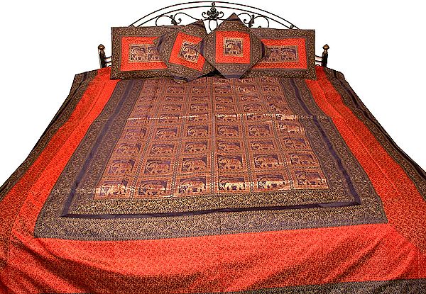 Blue and Red Seven-Piece Banarasi Bedcover with Woven Elephants