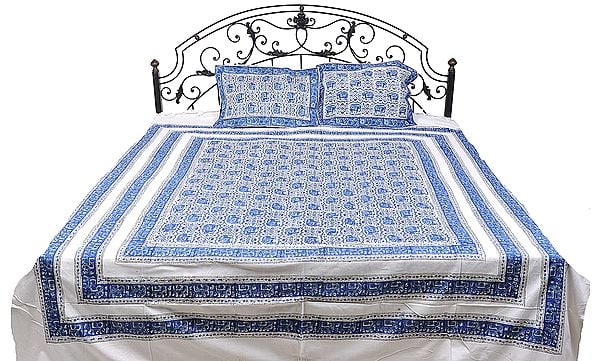Blue and White Bedspread from Pilkhuwa with Block-Printed Elephants