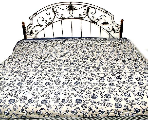 Blue and White Floral Printed Bedspread