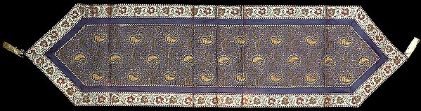 Blue Brocaded Table Runner from Banaras with Embroidered Paisleys