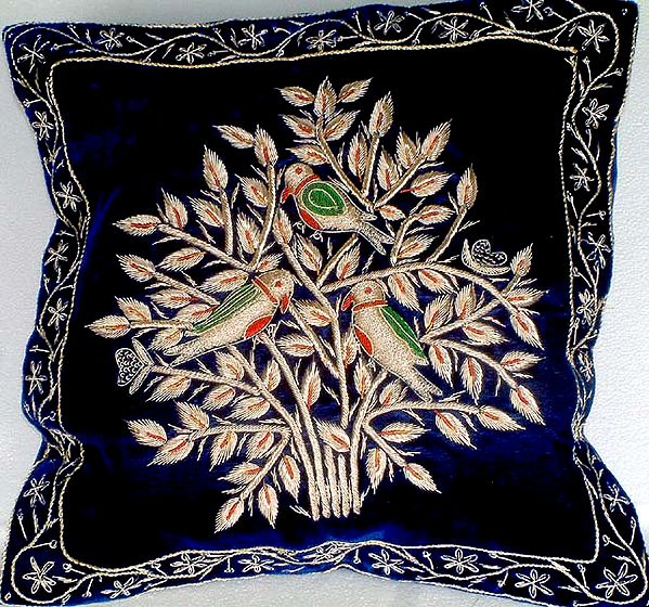 Blue Cushion Cover with Hand-Embroidered Birds on a Tree