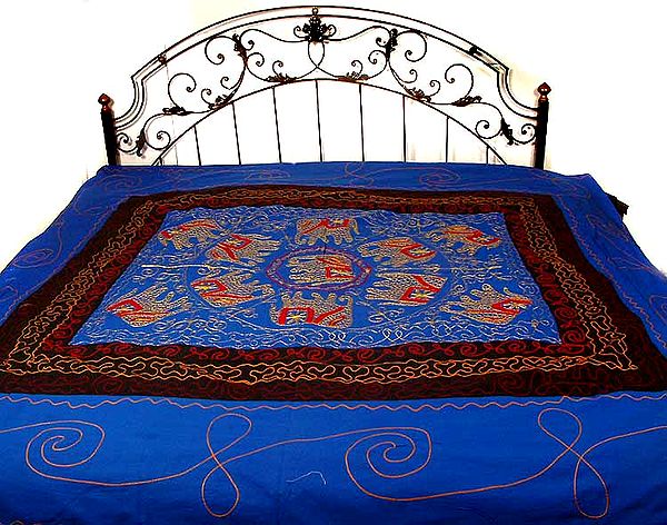 Blue Embroidered Bedspread with Elephant Motifs