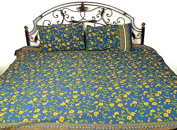 Blue Floral Printed Bedspread