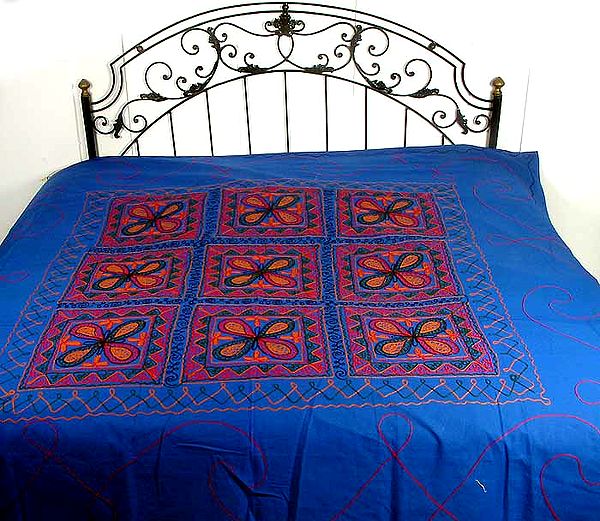 Blue Gujarati Bedspread with Hand-Embroidery