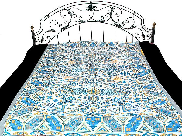 Blue on White Single Bedspread from Sanganer with Modern Print