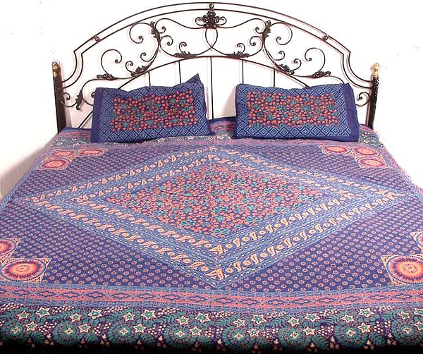 Blue Sanganeri Bedspread with Cushion Covers