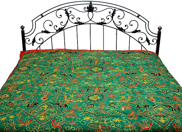 Bottle-Green Gujrati Bedspread with Metallic Thread Embroidery All-Over