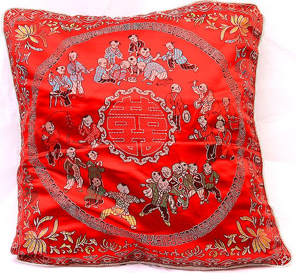 Brocaded Cushion Cover from Sikkim with Chinese Auspicious Good Luck Symbols