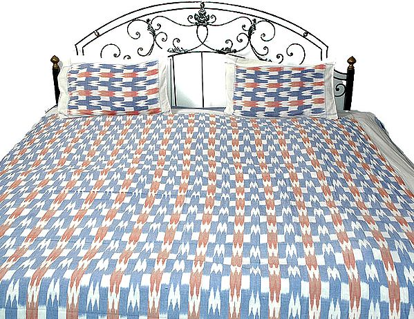 Brown and Blue Ikat Bedspread Handwoven in Pochampally
