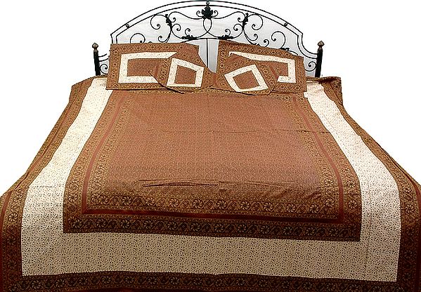 Brown and Ivory Banarasi Bedcover with Tanchoi Weave