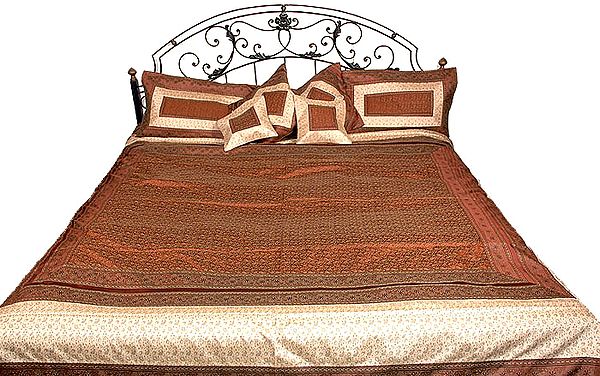 Brown and Ivory Banarasi Bedcover with Tanchoi Weave