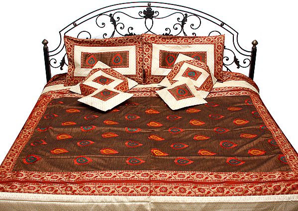 Brown and Ivory Seven Piece Banarasi Bedcover with Embroidered Bootis