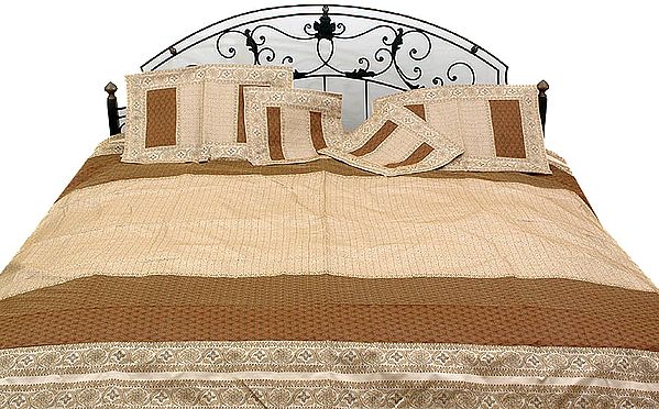 Brown and Ivory Tanchoi Bedcover from Banaras with All-Over Weave