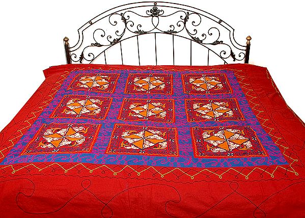 Brown and Purple Gujarati Bedspread with Hand-Embroidery All-Over