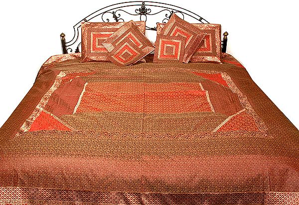 Brown and Red Seven Piece Banarasi Bedcover with All-Over Tanchoi Weave