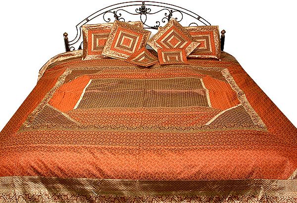 Brown and Rust Seven Piece Banarasi Bedcover with All-Over Tanchoi Weave