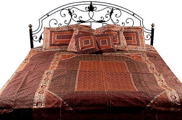 Brown and Rust Seven-Piece Banarasi Bedcover with Woven Elephants