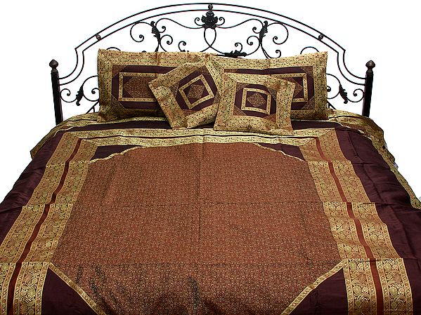 Brown Banarasi Bedspread with Tanchoi Weave and Brocaded Paisleys