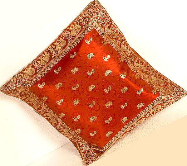 Brown Banarasi Cushion Covers with Elephants and Peacocks