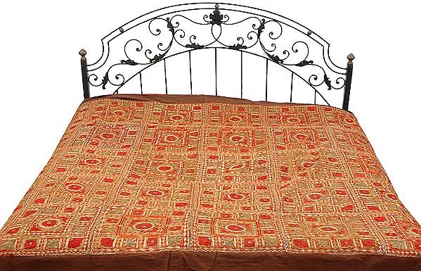 Brown Bedcover from Kutch with All-Over Embroidery and Mirrors