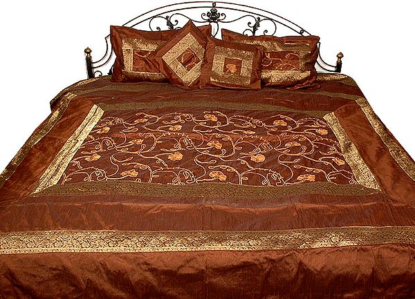 Brown Bedcover with All-Over Embroidered Flowers and Brocaded Border