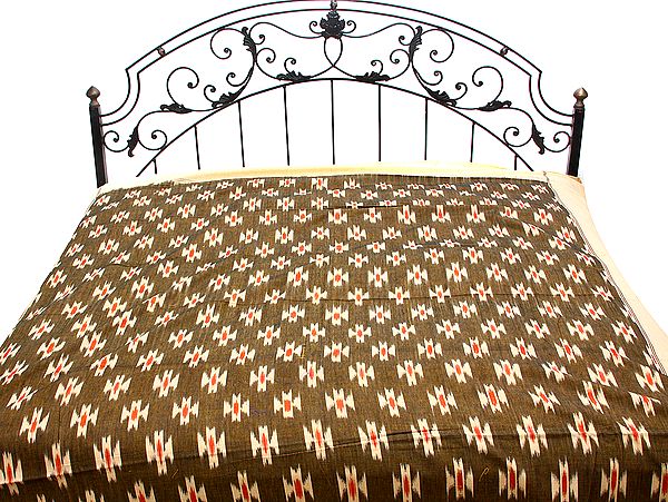 Brown Bedspread with Ikat Weave Hand-Woven in Pochampally