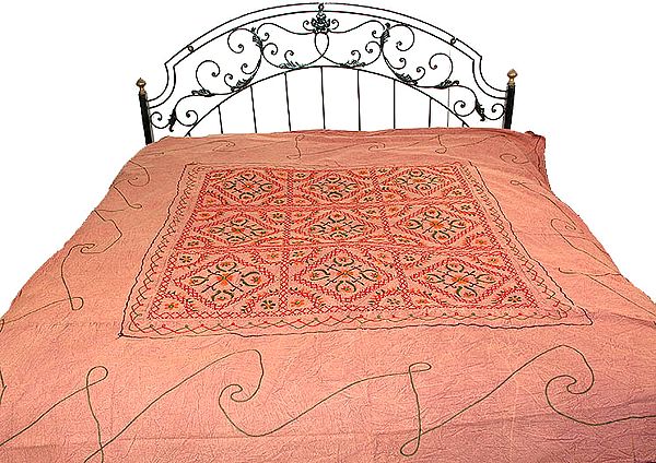 Brown Gujarati Bedspread with Embroidered Flowers
