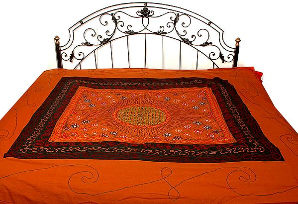 Brown Gujarati Bedspread with Floral Embroidery All-Over