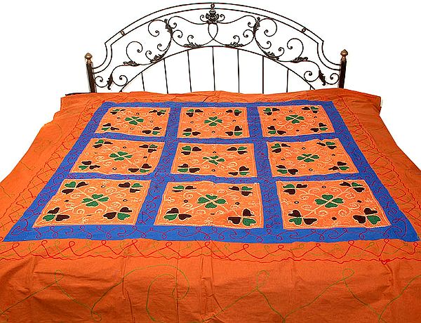 Brown Gujarati Bedspread with Hand-Embroidery All-Over