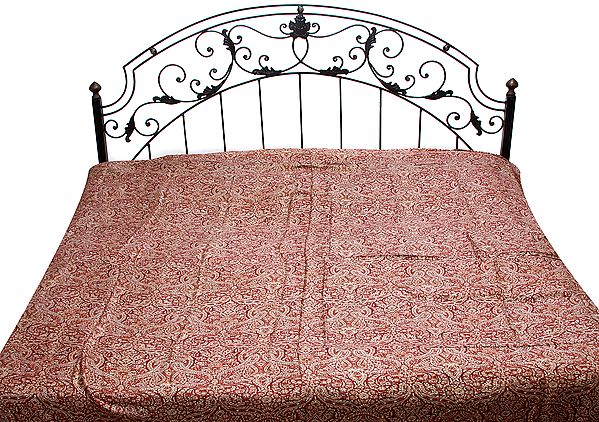 Brown Jamawar Reversible Bedspread with Woven Paisleys All-Over