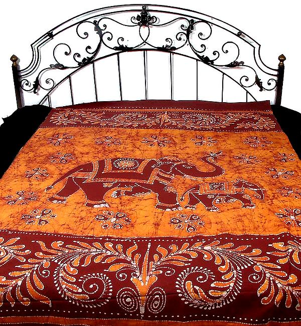 Brown Shaded Batik Elephants Bedspread