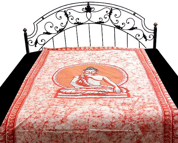 Brown Single-Bed Batik Bedspread with Buddha in Bhumisparsha Mudra