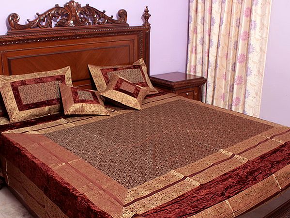 Brown Tanchoi Bedcover from Banaras with All-Over Weave