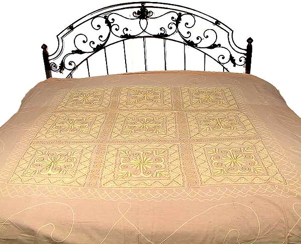 Buff Colored Gujarati Bedspread with Embroidery