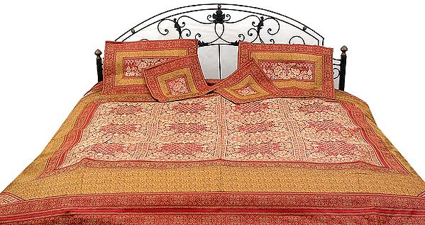 Burgundy and Mustard Tanchoi Bedcover from Banaras with Floral Brocade Weave
