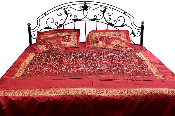 Burgundy Bedcover with All-Over Embroidered Flowers and Brocaded Border