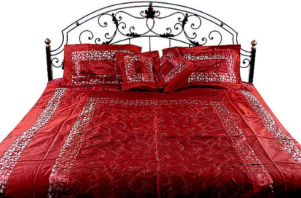 Burgundy Brocaded Bedcover with All-Over Embroidered Sequins