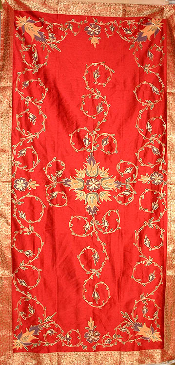 Burgundy Floral Table Runner with Golden Thread Work