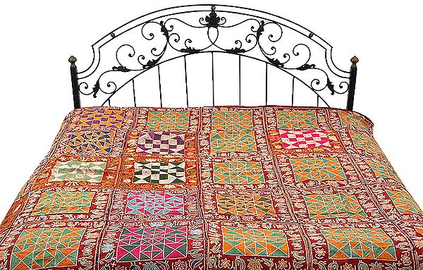 Burgundy Kutch Bedcover with Multi-Color Embroidery All-Over
