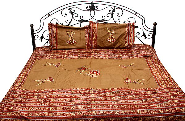 Camel-Brown Applique Bedspread with Dancing Couple