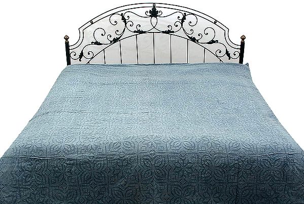 Carolina-Blue Stone-washed Appliqué Bedcover from Gujarat