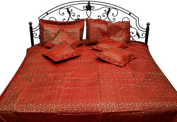 Cerise-Red Banarasi Seven-Piece  Bedcover with Woven Elephants and Peacocks