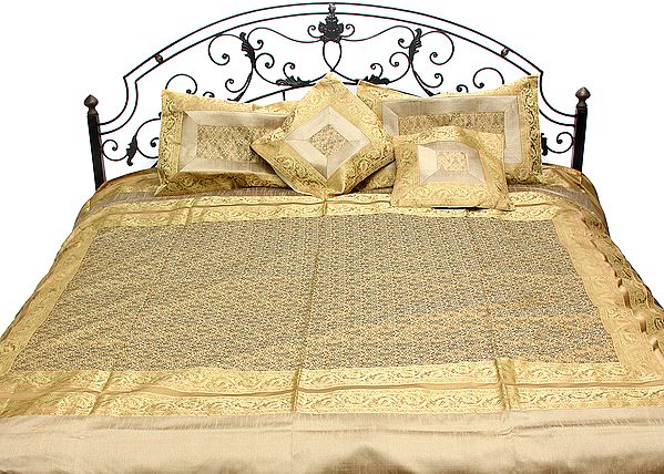 Champagne-Beige and Golden Five-Piece Banarasi Bedcover with Tanchoi Weave and Brocaded Border