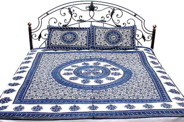 Chic-White and Blue Bedspread with Block-Printed Flowers All-Over